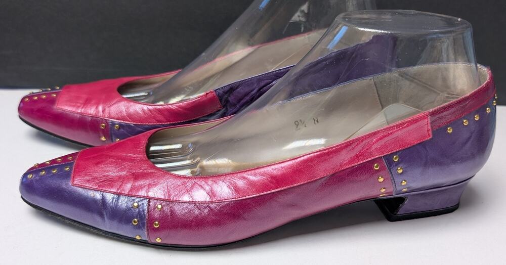 Vtg Margaret J Jerrold Kitten Heels Women's 9.5N Pink Purple Gold 80s Deco Pump